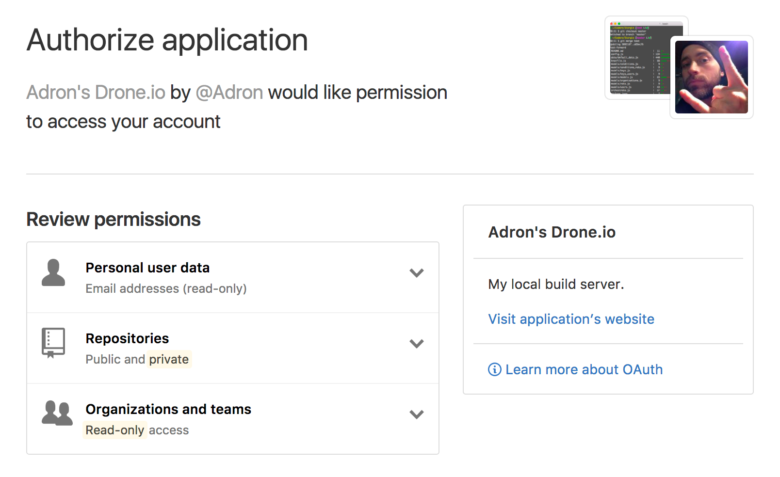 Authorized Adron's Drone.io Application